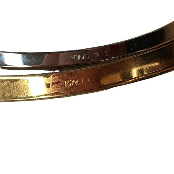 Vtg Monet Bangles Bracelets Classic Gold/Silver Tone Minimalist Laser Cut Jingle - Picture 4 of 5